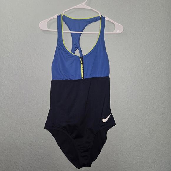 Nike Swim Swimsuit Bikini Blue Onepiece sz L Tank Athletic Front zipper pads - Picture 1 of 7